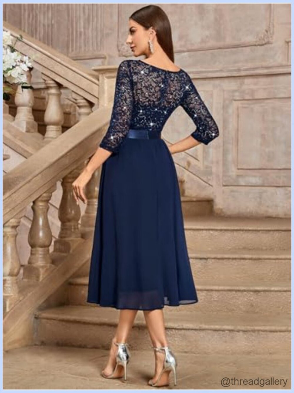 V-Neck Sequin Lace 3/4 Sleeve Chiffon A-Line Bridesmaid Party Dress - Picture 5 of 6
